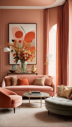 a living room with pink walls and orange curtains on the window sill, two round chairs