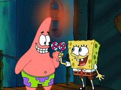 the spongebob character is holding a lollipopo in one hand and his other hand