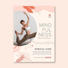 a flyer for a yoga class with an image of a woman in white top and brown pants