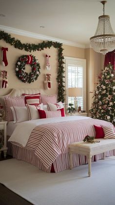 a bedroom decorated for christmas with red and white striped bedding, wreaths on the wall