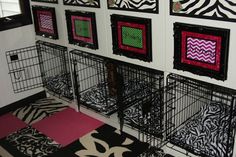 four cages with zebra prints on the wall