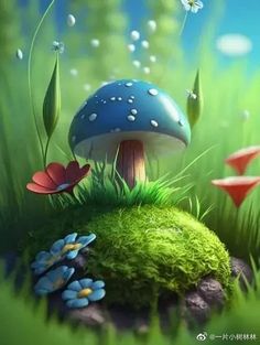 a mushroom sitting on top of a green grass covered field next to flowers and butterflies