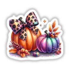 a sticker with some colorful pumpkins and leaves on the bottom one has a leopard print bow