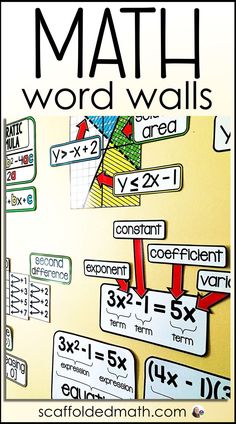 a bulletin board with different types of math words on it