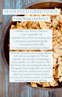 a bowl filled with crackers on top of a wooden table