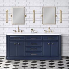 a bathroom with two sinks and three mirrors on the wall next to black and white tiles