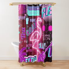 a shower curtain with the words and symbols on it in pink, blue, purple, and green colors