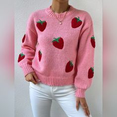 New Girly Chic Strawberry Embroidered Knit Sweater * Long Sleeve * Ribbed Knit Detail * Relaxed Dropped Shoulder * Soft Stretch Pullover * Round Neckline *Approximate Unstretched Measurements* Small (4) *Bust 40" *Sleeve Length 25.75" *Length 20.5" Medium (6) *Bust 41.75* Sleeve Length 26.25" *Length 20.75" Large (8/10) *Bust 44" *Sleeve Length 26.75" * Length 21.5" ** On Order ** Will Ship In 7- 14 Days * Color : Pink Red Green Fabric : Soft Poly Yarns #Spring Fall Winter Casual Dress Western S Cute Crew Neck Knit Sweater, Trendy Embroidered Knit Sweater, Cute Knitted Acrylic Tops, Trendy Embroidered Winter Tops, Cute Soft Knit Acrylic Sweater, Cute Acrylic Soft Knit Sweater, Trendy Red Soft Knit Sweater, Casual Embroidered Knit Sweater, Red Crew Neck Acrylic Top