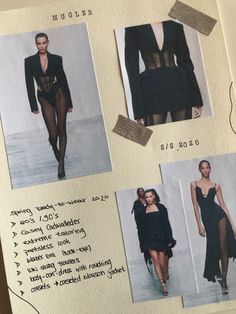 several photos of models in black clothes on a piece of paper with words describing them