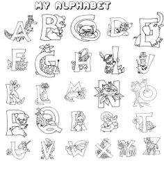 the alphabet is drawn in black and white for children to color, with letters that spell out