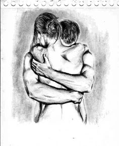 a pencil drawing of two people hugging each other with their arms around one another, and the