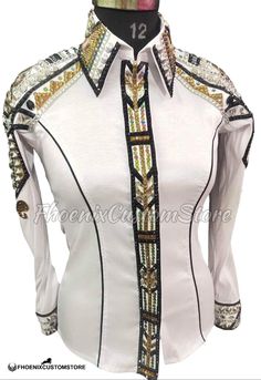 Ride with elegance with this beautiful Western Show Shirt. which is handcrafted piece of artwork. Exclusively in White and Black Gold and more color. It is made with dedication and love for perfection. Now Ride with more colors:- Purple/ Green/ Turquoise/ Rose Gold with black base Showmanship, Horsemanship, Western pleasure Rodeo Queen Jackets For Sale. Unveiling our Brand New Show shirt done by the professionally tailor. Each and Every design made with the proper pattern, So that it wouldn't go Elegant Fitted Multicolor Shirt, Elegant Embroidered Multicolor Tops, White And Gold Pattern, Diy Western, Western Show Clothes, Western Show Shirts, Turquoise Rose, Rodeo Queen, Western Pleasure