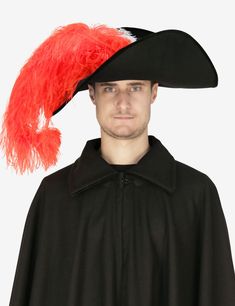 Authentic musketeer hat in black wool felt with red feathers. Customisable in all sizes. A product tailor-made in the Venice area, provided with a certificate of guarantee of authenticity and origin. Pírate Hat, Venetian Carnival Costume, Feather Hat Pirate, Musketeer Hat, 14th Century Hats For Men, Pirate Hat With Feathers, Carnival Costume, Venetian Carnival, Red Feather