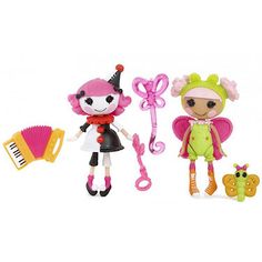 two dolls with musical instruments and accessories on a white background