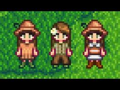 three pixel characters standing next to each other in front of green grass and bushes, with the