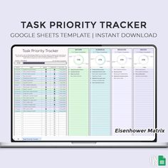 the task sheet for google sheets is displayed on a laptop screen with text that reads task priority