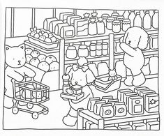 a black and white line drawing of children shopping in a grocery store with teddy bears