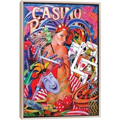 a poster with an image of a woman holding cards and playing cards on the table