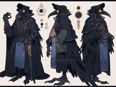 some sort of black raven character with yellow eyes and horns, standing next to each other