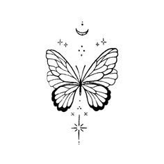 a black and white drawing of a butterfly with stars on it's wings, flying in the air