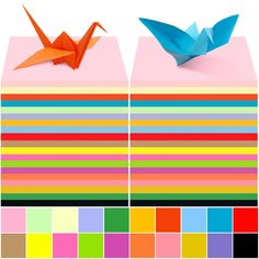 two origami birds sitting on top of each other next to color swatches