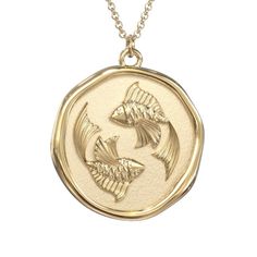 14K Yellow Gold Engravable Pisces Zodiac Medallion Necklace | Jewlr Luxury Etched Symbolic Jewelry, Luxury Formal Jewelry With Zodiac Sign, Pisces Jewelry Dish, Luxury Engraved Symbolic Medallion Necklace, Luxury Spiritual Engraved Necklaces, Luxury Spiritual Etched Necklace, Pisces Jewelry Stones, Luxury Engraved Pendant Medallion Necklace, Luxury Mystical Round Pendant Jewelry