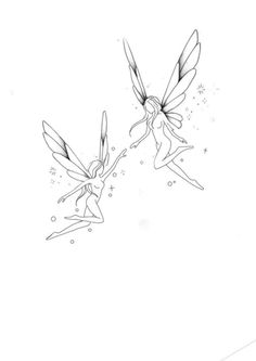 two tinkerbells flying in the air with their tails spread out and one is holding