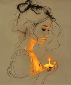 a drawing of a woman holding a lit candle in her right hand and looking down at the ground