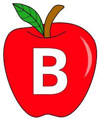 a red apple with the letter r on it's front and bottom half is shown