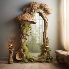 there is a mirror with mushrooms on it and moss growing all over the frame in this room