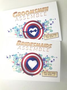 two greeting cards with the words groomsmen and bridesmaids assemble on them