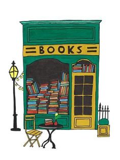 a drawing of a book store with lots of books