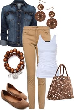 Stylish Jean Jacket Outfit Beige Hose, Jean Jacket Outfits, Tan Pants, Stylish Jeans, Mode Casual, Jeans Jacket, Brown Pants, 가을 패션, Outfits Casual