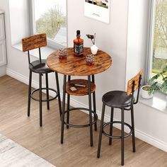 PRICES MAY VARY. 3 Piece Bar Table and Chairs Set: This pub table set includes 1 round counter height table and 2 barstools. An extra 13.2-inch wide circular shelf in the middle of the table can hold your wine, glasses, or other bar essentials. This bar set can be used as a tall dining table, breakfast nook, home coffee bar, homework table, etc. Soft Seat with Backrest: The bar stool is upholstered with 12.6-inch wide faux leather upholstery for soft and comfortable sitting, looped footrest and Small Bar Table, Pub Table And Chairs, Round Pub Table, Breakfast Nook Table, Bar Table Set, Round Bar Table, 3 Piece Dining Set, Table Bistrot, Bar Table Sets