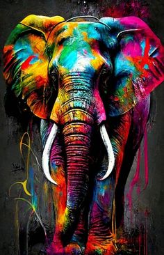 an elephant painted in bright colors on a black background