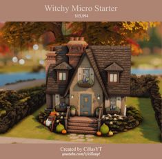 the witch micro starter is on display in front of a house with pumpkins and gourds