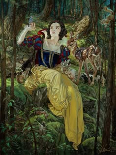 a painting of snow white sitting in the woods with her deer and fawns