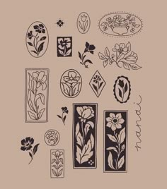 an assortment of flower designs on a brown background