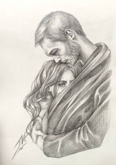 a pencil drawing of a man hugging a woman