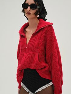 Drina Henley Knit Sweater — Red Oversized Red Sweater, Red Cable Knit Sweater, Wishlist 2024, Henley Sweater, Classic Sweater, Cable Knit Sweater, Winter Sweaters, For Love And Lemons, Christmas Wishlist