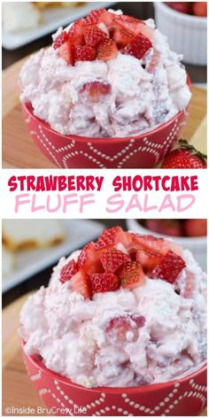 strawberry shortcake fluff salad in a red bowl