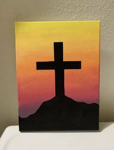 a painting of a cross on top of a hill