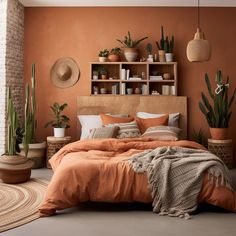 an orange bedroom with potted plants and bookshelves