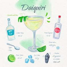 a watercolor drawing of the ingredients for a daiquiri cocktail