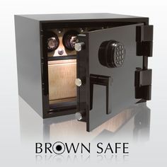 an open safe with the words brown safe on it's front and side panels