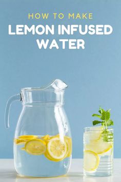 a pitcher filled with lemons and water next to a glass full of lemonade