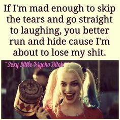 a woman with blonde hair and makeup holding an object in her hand, saying if i'm mad enough to skip the tears and go straight to laughing, you better run and hide cause