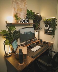 a desk with a computer monitor, keyboard and mouse on it next to a potted plant