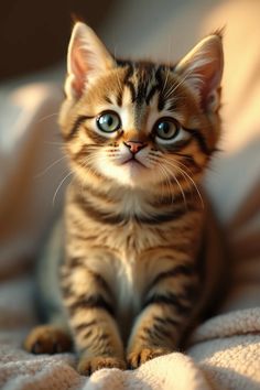 a small kitten sitting on top of a bed next to a white blanket and looking at the camera