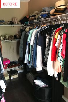 the closet is full of clothes and hats